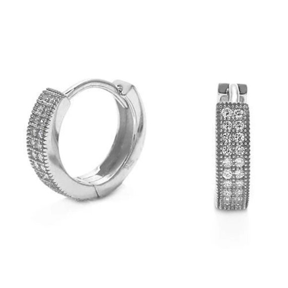 Sterling Silver Huggie Earrings with 2 Rows of Pavé Set CZs  GORGEOUS STERLING SILVER HOOP HUGGIE EARRINGS WITH TWO ROWS PAVÉ SET CZS. 14MM.